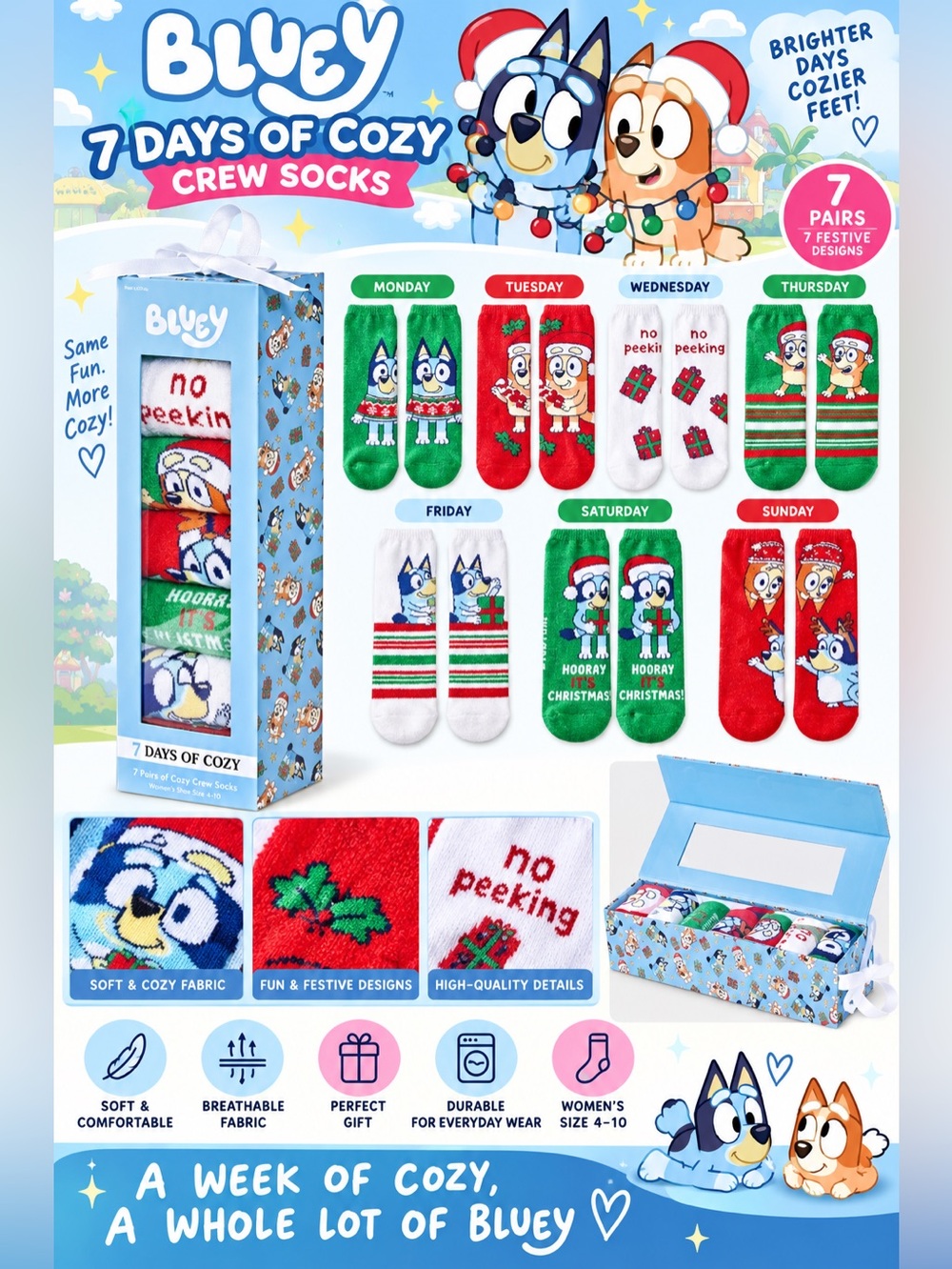 BLUEY WOMEN’S 7 DAYS OF COZY CREW SOCKS GIFT BOX – SIZE 4-10 (NEW WITH TAGS) A31